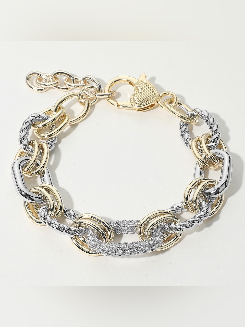 14K Gold Plated Two Tone CZ Stone Paved Oval Link Accent Mixed Chain Bracelet